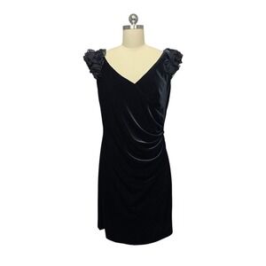 Eliza J Vintage Black Velvet‎ Ruched V Neck Ruffle Sleeve Cocktail Dress Size 12
